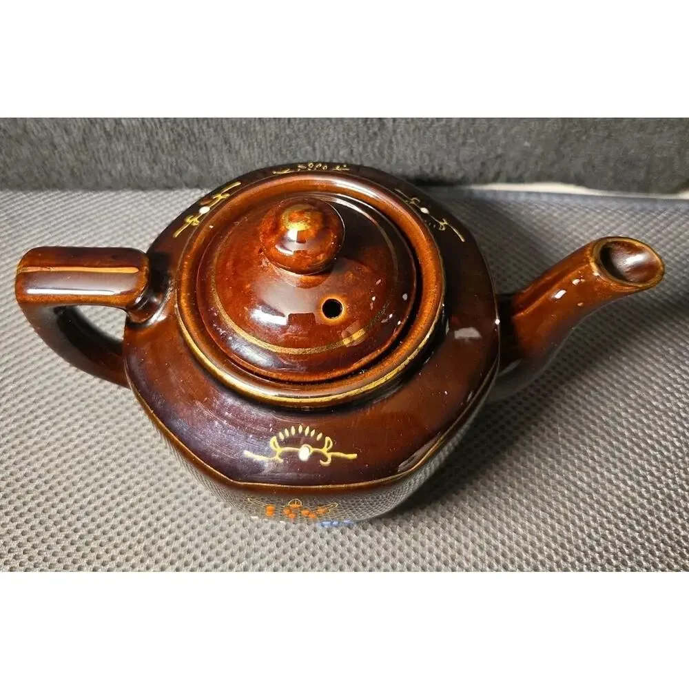 Vintage Brown Betty Redware Teapot Moriage Enamel Hand Painted Japan GUC MCM